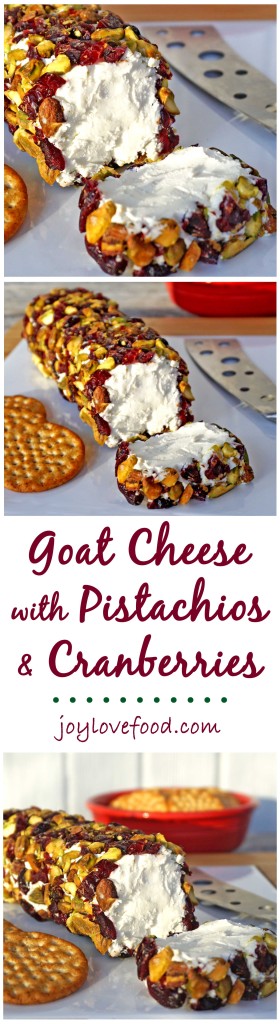 Simple, easy, festive and fun, Goat Cheese with Pistachios & Cranberries is the perfect appetizer or snack for your next holiday gathering.