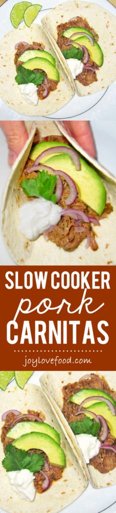 Slow Cooker Pork Carnitas - succulent, tender and flavorful pork with minimal work. Wrap these carnitas up in warm flour tortillas for delicious tacos, perfect for an easy family meal or a casual dinner party.