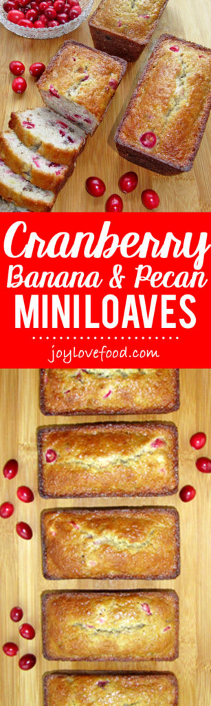 Cranberry Banana and Pecan Mini Loaves - Tangy cranberries, sweet bananas and nutty pecans come together beautifully in these delicious Cranberry Banana & Pecan Mini Loaves.
