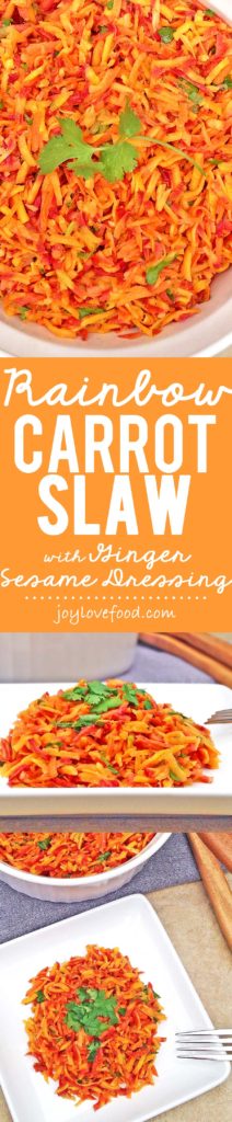 Colorful, crunchy and full of flavor, this Rainbow Carrot Slaw with Ginger Sesame Dressing is a great dish for a summer barbeque, potluck or picnic.