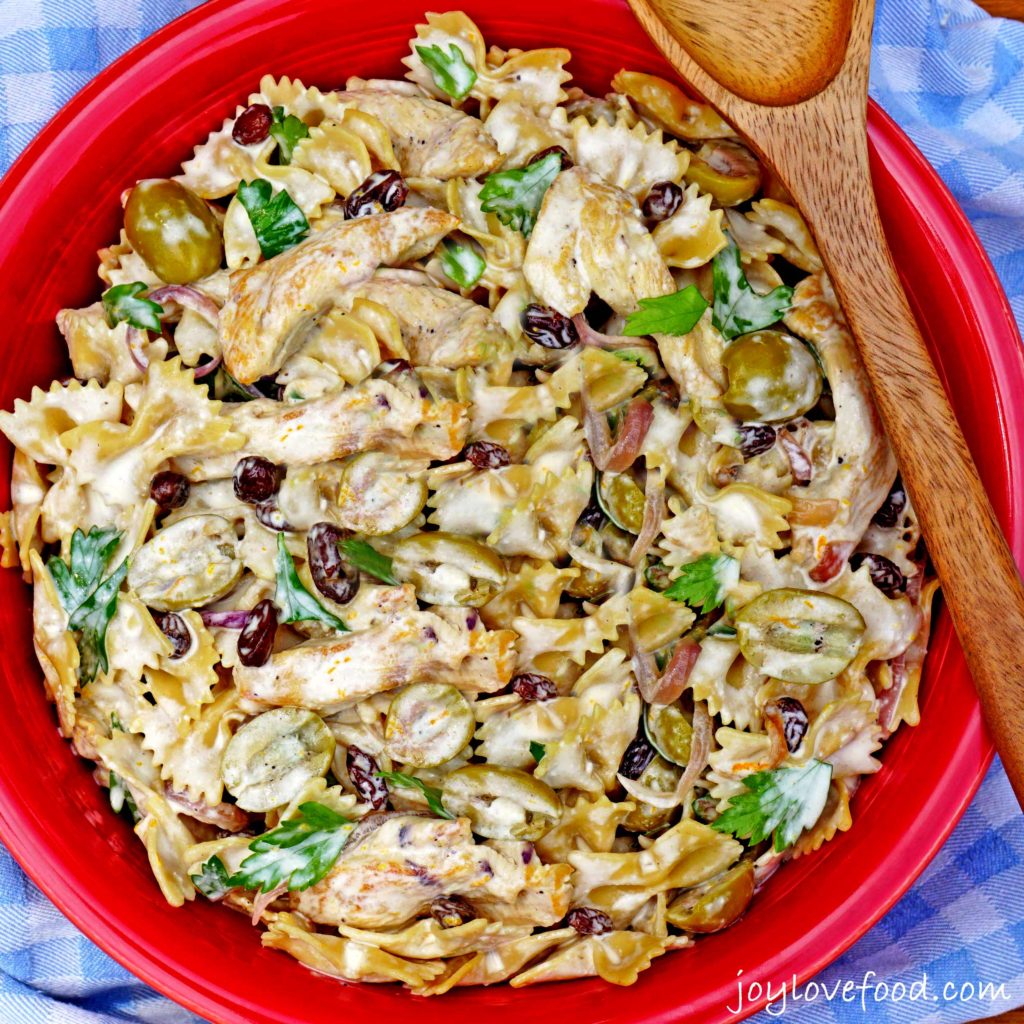 Creamy Chicken Pasta Salad with Green Olives and Raisins