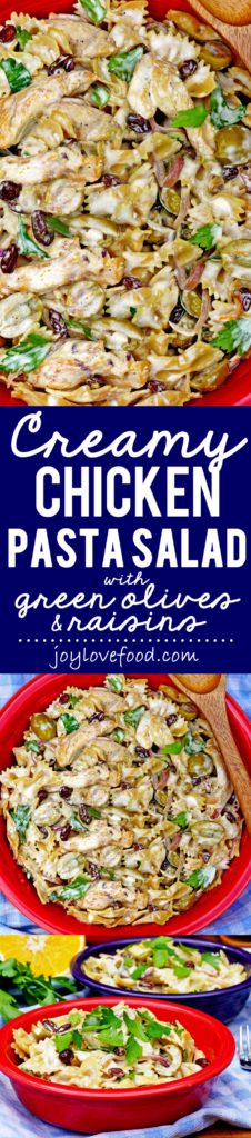 Creamy Chicken Pasta Salad with Green Olives and Raisins - this delicious, savory chicken pasta salad has a touch of sweetness and a creamy orange dressing. Perfect for a light summer meal or side dish for a barbeque.