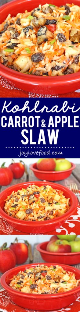Kohlrabi Carrot and Apple Slaw - a delicious, crunchy salad, that is full of flavor. Great as a side dish, in the lunchbox or for a fall party.