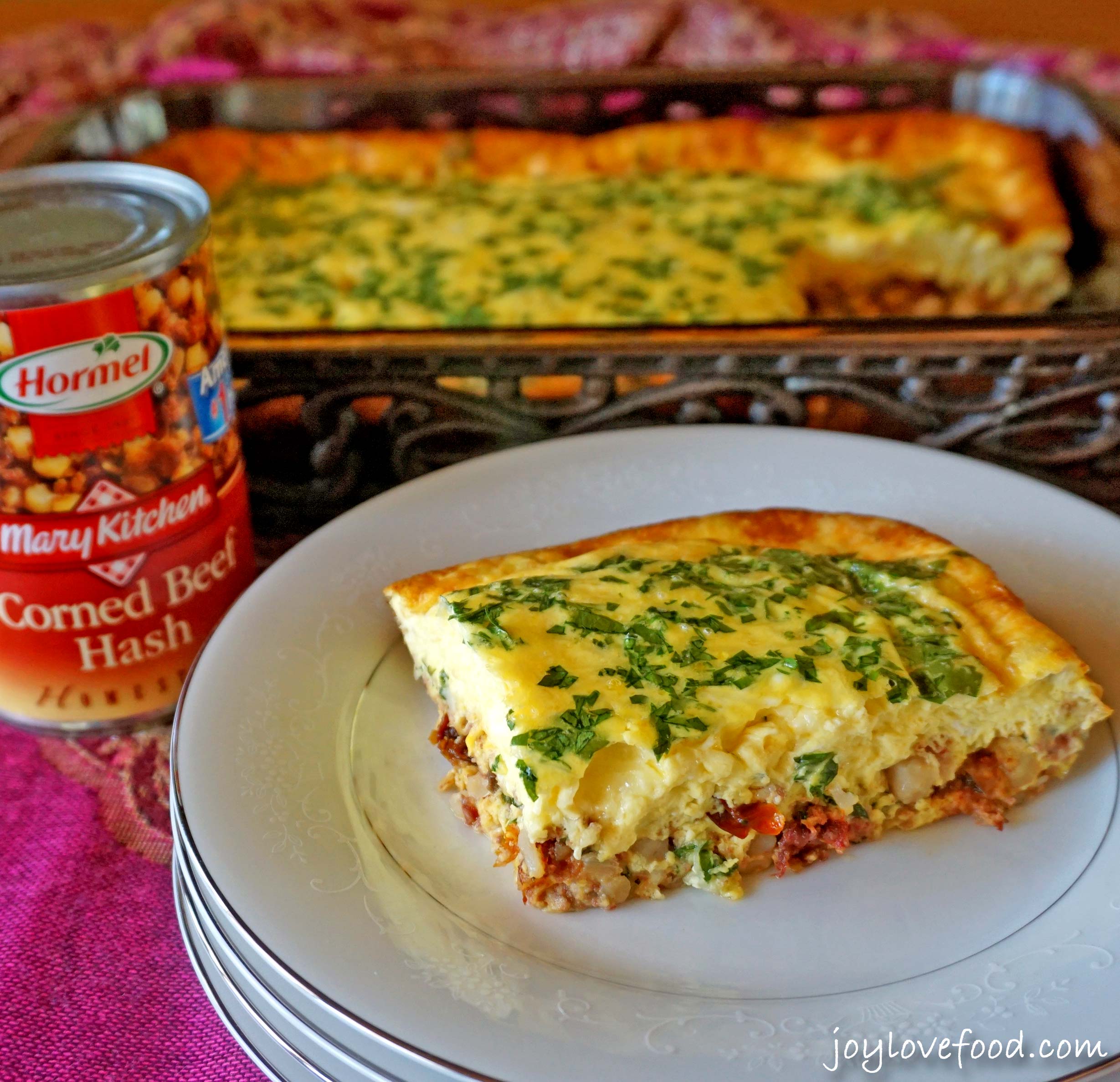 Corned Beef Hash and Egg Casserole with SunDried Tomatoes and Swiss