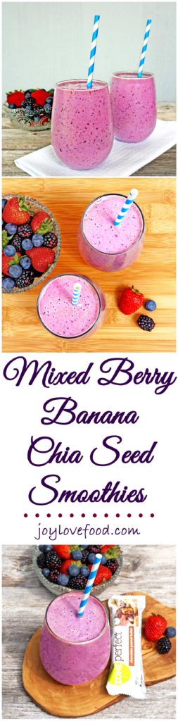 Mixed Berry Banana Chia Seed Smoothies - one of these bright and creamy smoothies along with a ZonePerfect® Nutrition Bar, is perfect for a healthy, delicious and energizing snack. #SnackandRally #ad