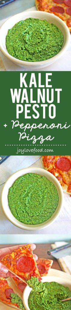 Kale Walnut Pesto - a flavorful pesto, that is so easy to make, paired with a pepperoni pizza, is perfect for a quick meal that the whole family will enjoy. #FreschettaFresh #ad