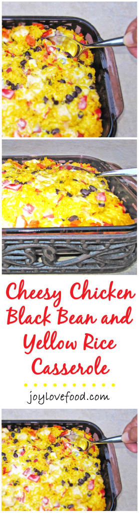Cheesy Chicken, Yellow Rice and Black Bean Casserole -- colorful veggies, black beans, chicken and yellow rice are combined with melting Monterey Jack cheese in this delicious casserole that is sure to please both kids and adults.