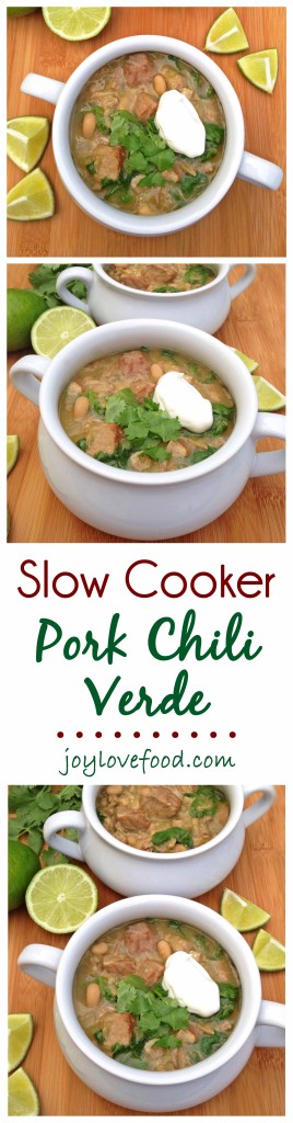 Slow Cooker Pork Chili Verde — a delicious, flavorful chili full of fork tender cubes of pork, white beans, tomatillos and green chilies, perfect for an easy weeknight meal or a casual dinner party.