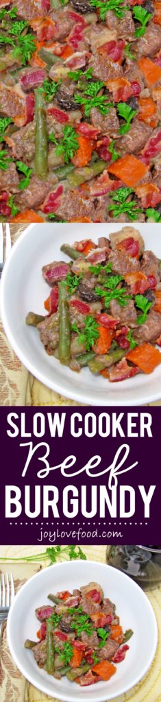 Slow Cooker Beef Burgundy - a hearty stew of beef and vegetables simmered in a red wine sauce, perfect for a cozy meal on a crisp fall day.