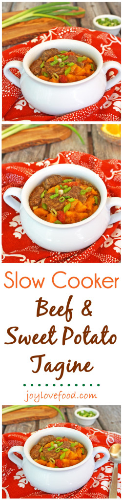 Slow Cooker Beef & Sweet Potato Tagine - a delicious, hearty stew with Moroccan spices, perfect for a cozy meal on a cool day, plus your house will smell of the amazing warm scents of cinnamon and cumin as it simmers away in your slow cooker.