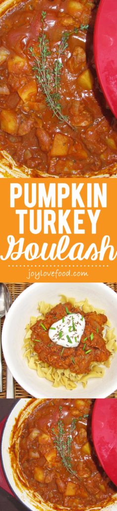 Pumpkin Turkey Goulash - a lighter, yet still hearty and delicious, version of the classic Hungarian stew. Perfect for a cozy fall dinner.