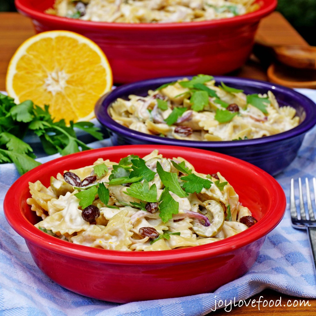 Creamy Chicken Pasta Salad with Green Olives and Raisins
