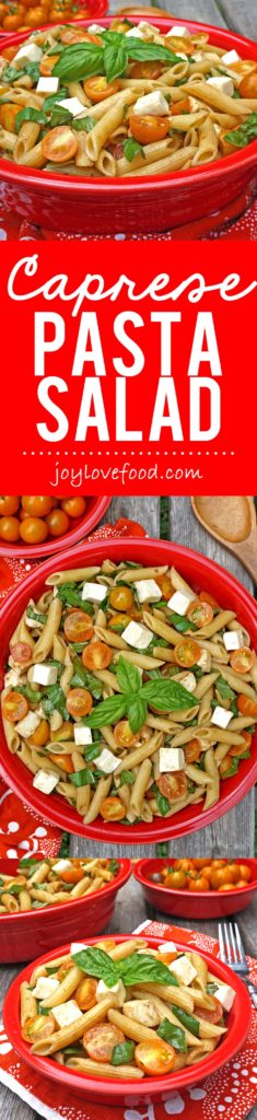 Caprese Pasta Salad - a delicious pasta salad with fresh tomatoes, basil and mozzarella cheese. Perfect for the lunchbox, picnics or your next barbeque, this Labor Day weekend or any time.