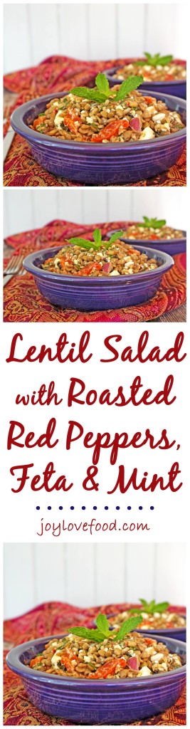 Lentil Salad with Roasted Red Peppers, Feta and Mint - a delicious protein packed salad that can be served warm or cold, great as a side dish or vegetarian main course.
