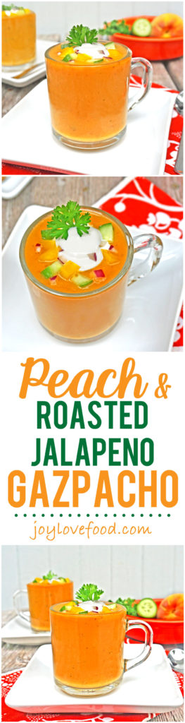Peach and Roasted Jalapeno Gazpacho - a delicious, refreshing, chilled soup with a smoky, spicy kick. Great for a light meal, an appetizer or a first course for a dinner party.