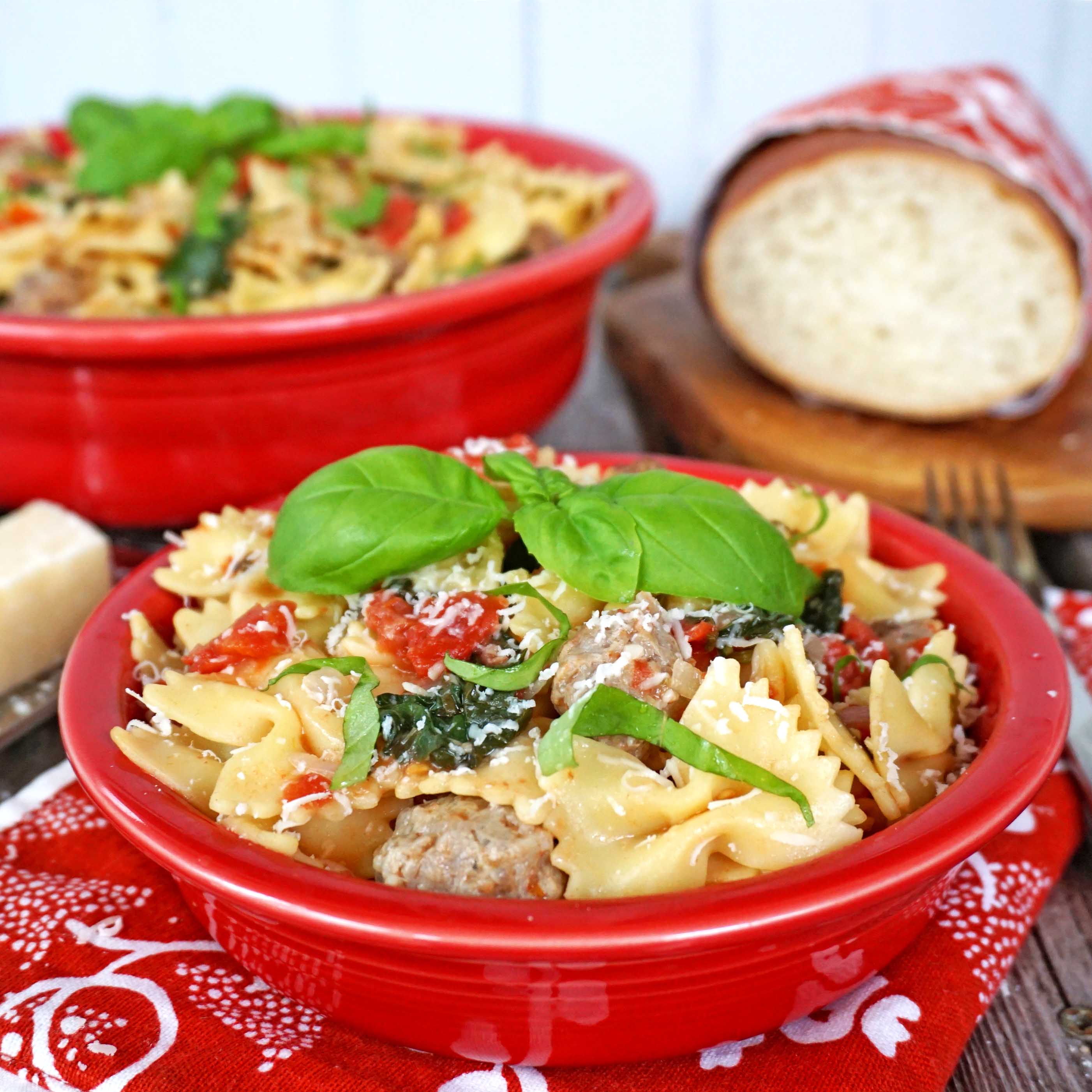 One Pot Pasta with Tomatoes Sausage and Kale