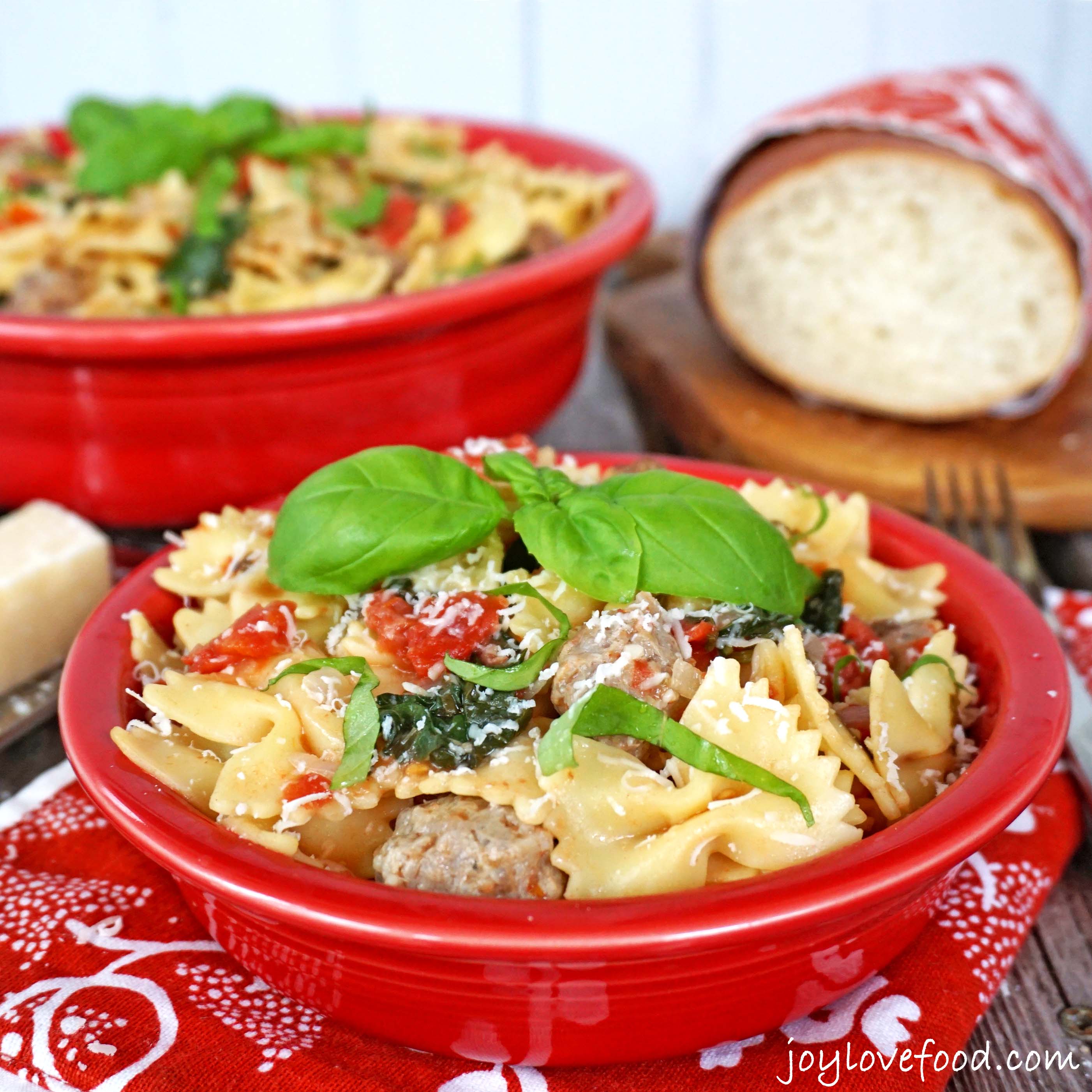 One Pot Pasta with Tomatoes Sausage and Kale