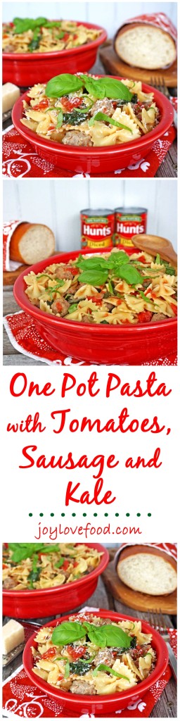 One Pot Pasta with Tomatoes, Sausage and Kale - a delicious one pot meal, perfect for a quick and easy family dinner or entertaining guests during the busy holiday season. #YesYouCAN #ad