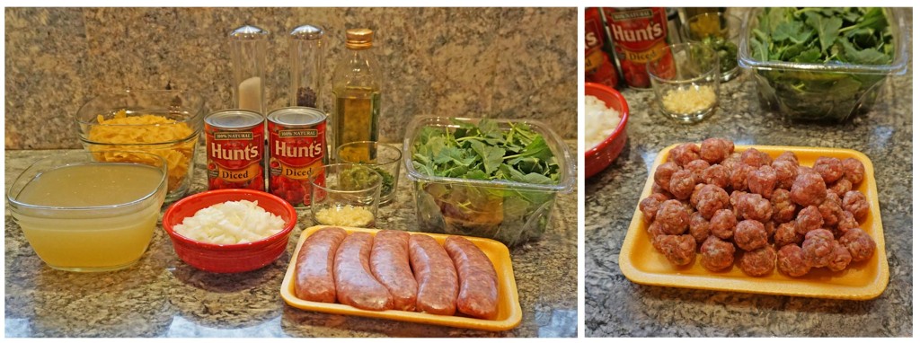 One Pot Pasta with Tomatoes Sausage and Kale - gather ingredients