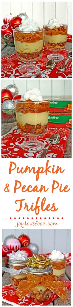 Pumpkin and Pecan Pie Trifles - a delicious dessert with layers of pumpkin pie, pecan pie and vanilla custard, perfect for a party, get together or gift giving this holiday season. #ShareTheJoyOfPie #ad