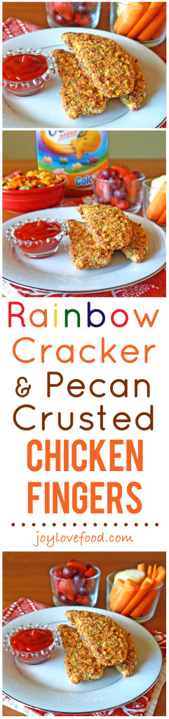 Rainbow Cracker and Pecan Crusted Chicken Fingers – baked chicken fingers with a fun, colorful, crunchy coating, perfect for a wholesome family dinner that kids will have a great time helping to prepare. #GoldfishMix #Walmart #ad