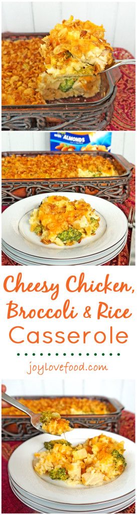 Cheesy Chicken, Broccoli and Rice Casserole - a delicious, cheesy casserole with a crunchy cereal and almond topping made with Honey Bunches of Oats, perfect for an easy dinner that the whole family will enjoy. #CerealAnytime #ad