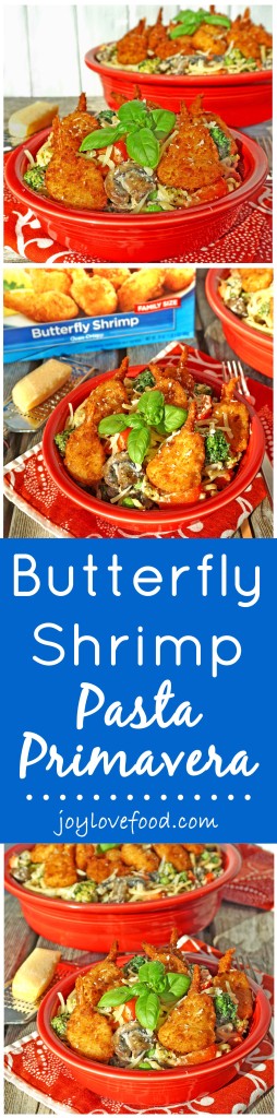 Butterfly Shrimp Pasta Primavera - linguini and colorful vegetables are tossed in a creamy sauce and topped with crispy butterfly shrimp, for a delicious, coastal inspired meal that the whole family will enjoy. #ShrimpItUp #ad