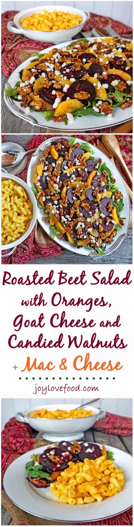 Roasted Beet Salad with Oranges, Goat Cheese and Candied Walnuts along with STOUFFER’S® Mac & Cheese is perfect for a delicious and easy dinner that the whole family will enjoy. #STOUFFERSGOODNESS #ad