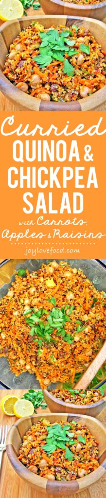 Curried Quinoa and Chickpea Salad with Carrots, Apples & Raisins - colorful and full of flavor, this quinoa salad is a great dish for your next barbeque, potluck or picnic. It is also wonderful as a light meal on it's own.