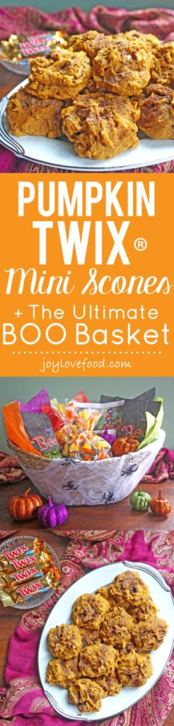 Pumpkin TWIX® Mini Scones - soft, spiced, little pumpkin scones, made with TWIX® candies are the perfect Halloween treat. They are also a great addition to BOO baskets, including my Ultimate BOO Basket. #BOOItForward #ad @Walmart